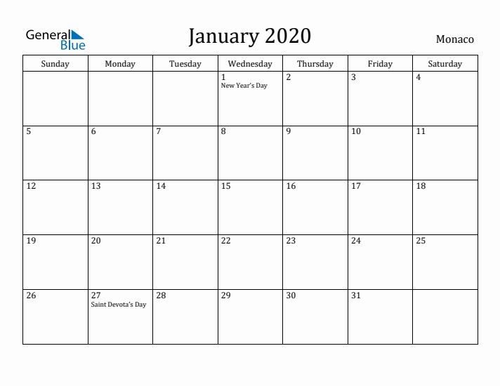 January 2020 Calendar Monaco