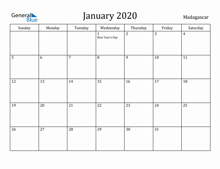 January 2020 Calendar Madagascar