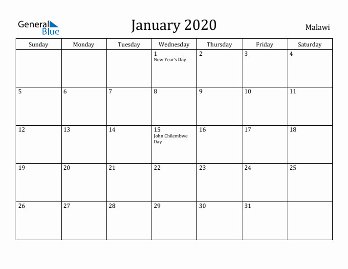 January 2020 Calendar Malawi