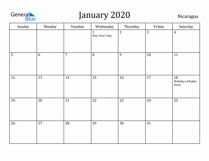 January 2020 Calendar Nicaragua