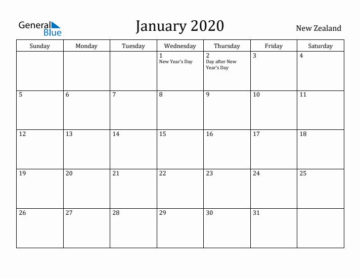 January 2020 Calendar New Zealand