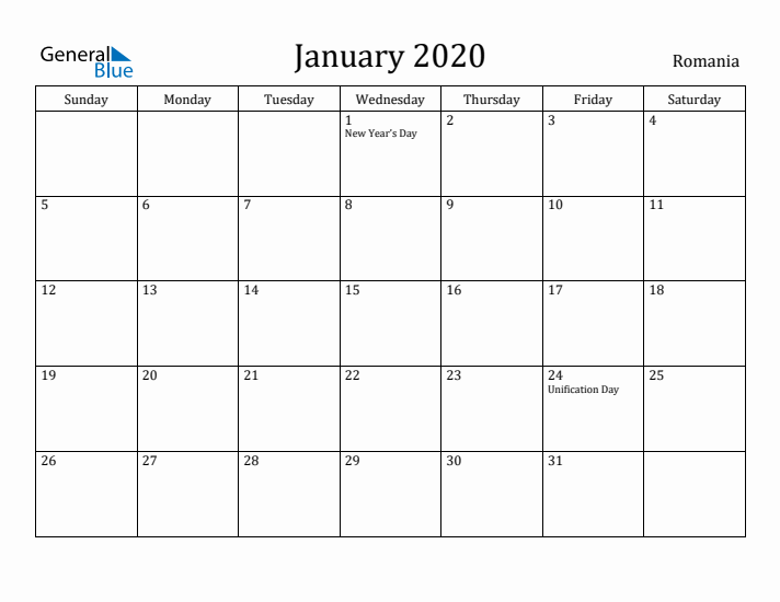 January 2020 Calendar Romania