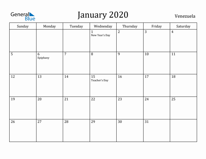 January 2020 Calendar Venezuela