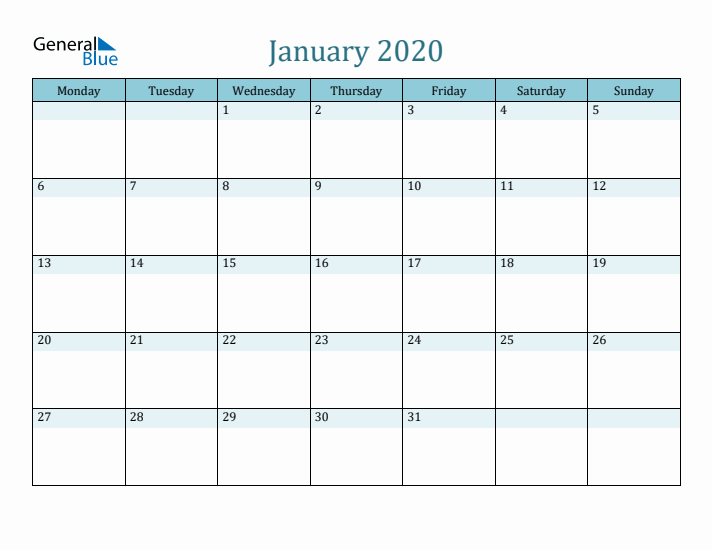 January 2020 Printable Calendar