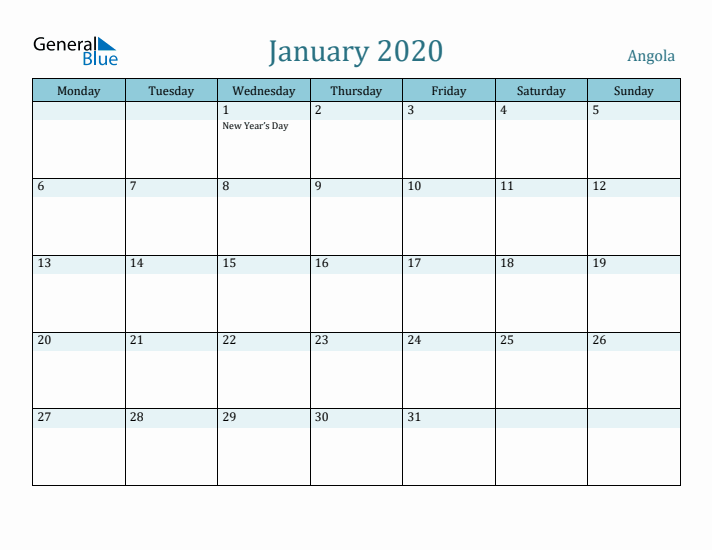 January 2020 Calendar with Holidays