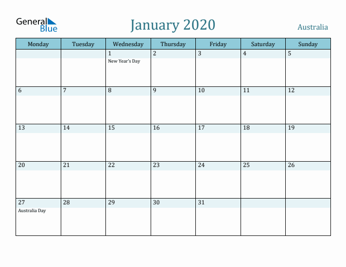 January 2020 Calendar with Holidays