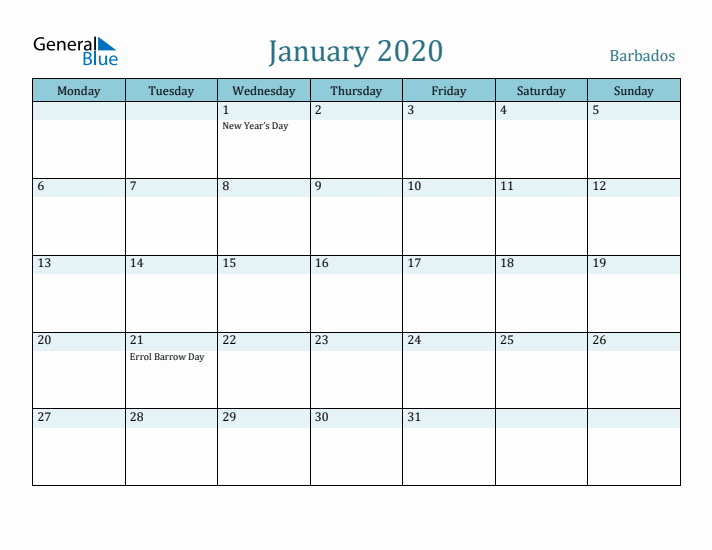 January 2020 Calendar with Holidays