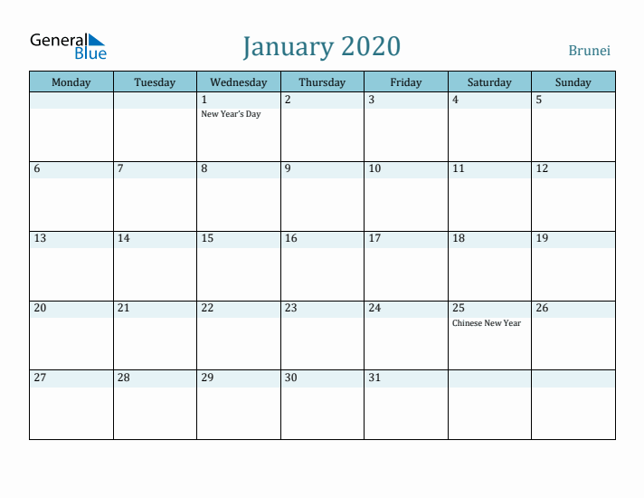 January 2020 Calendar with Holidays