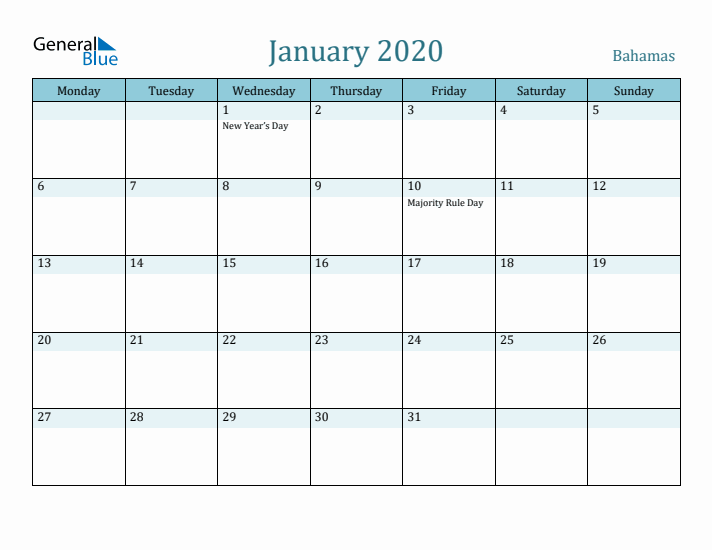 January 2020 Calendar with Holidays