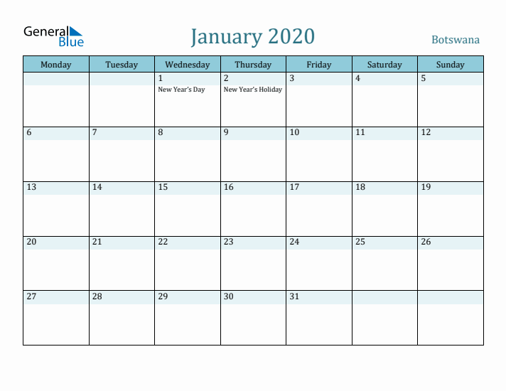 January 2020 Calendar with Holidays