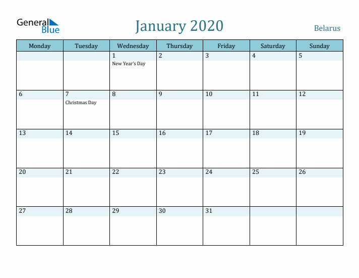 January 2020 Calendar with Holidays