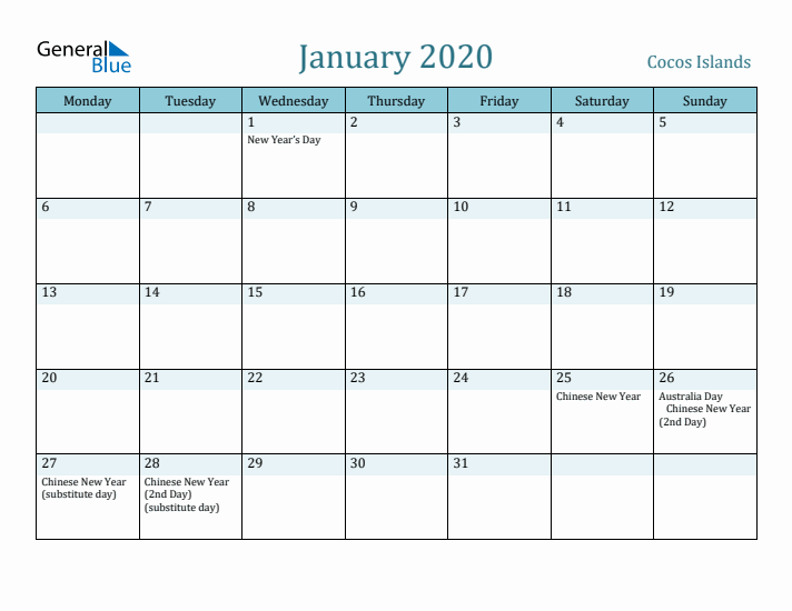 January 2020 Calendar with Holidays