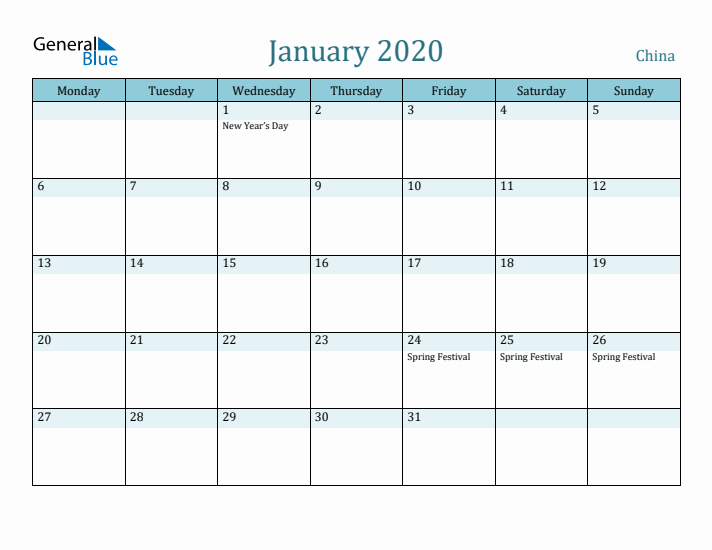 January 2020 Calendar with Holidays