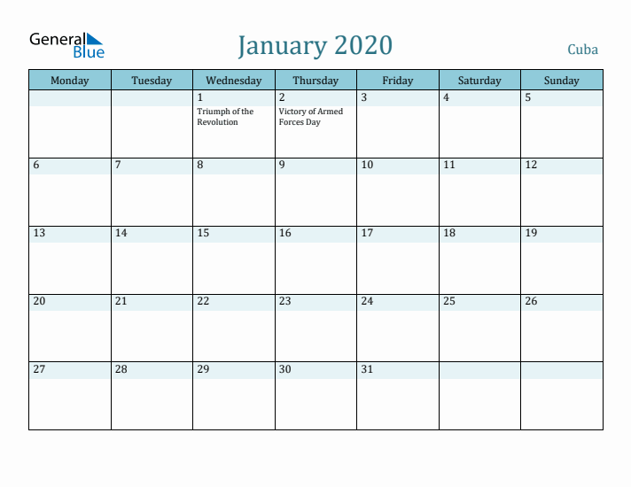 January 2020 Calendar with Holidays