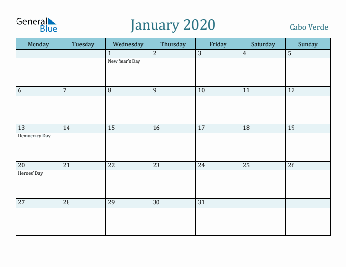 January 2020 Calendar with Holidays