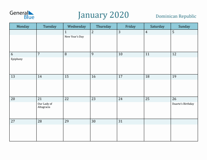 January 2020 Calendar with Holidays