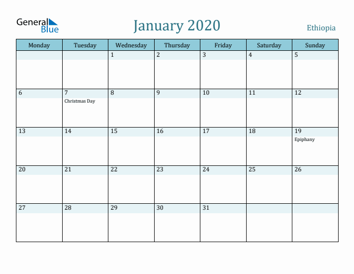 January 2020 Calendar with Holidays