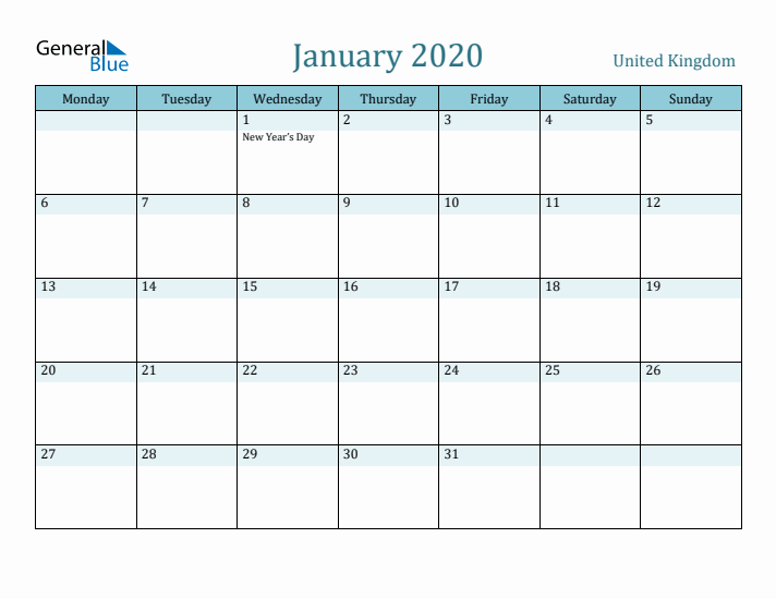 January 2020 Calendar with Holidays