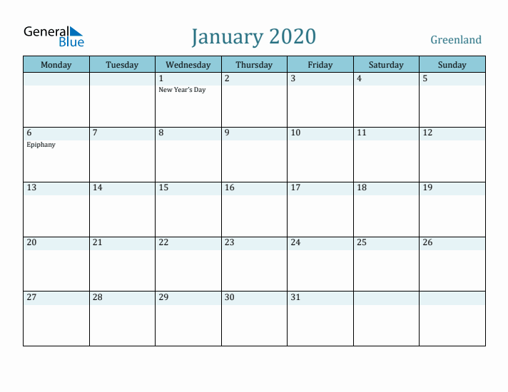 January 2020 Calendar with Holidays