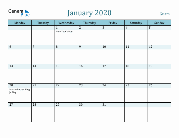 January 2020 Calendar with Holidays