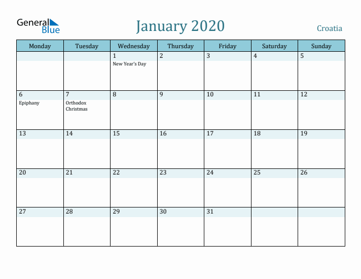 January 2020 Calendar with Holidays