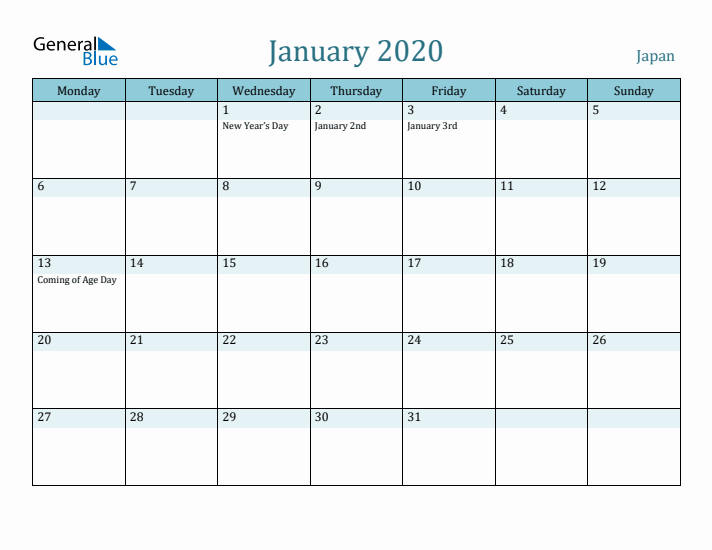 January 2020 Calendar with Holidays