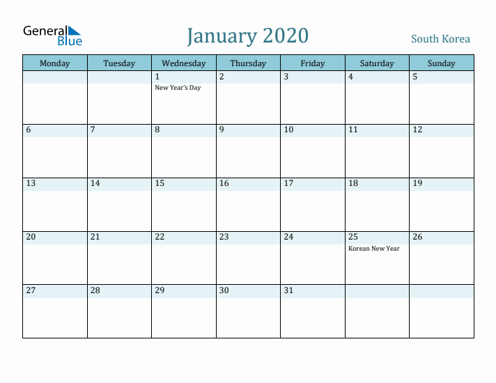 January 2020 Calendar with Holidays