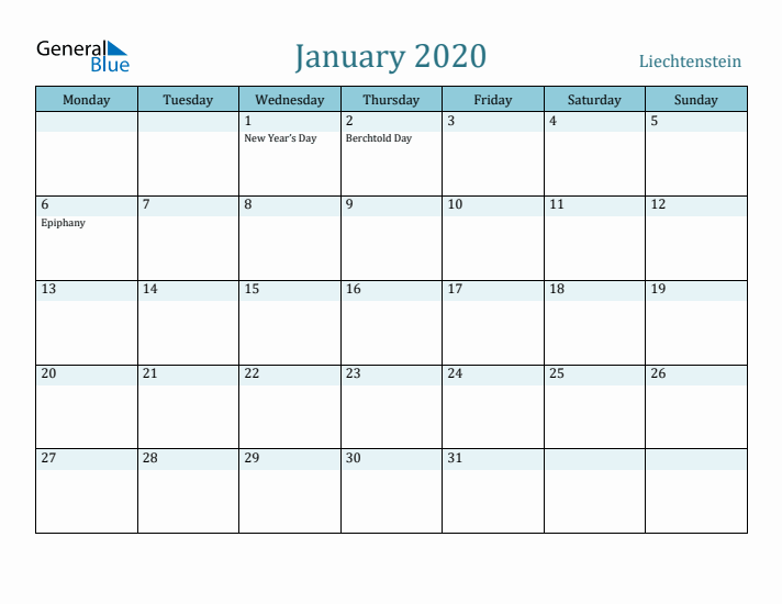 January 2020 Calendar with Holidays