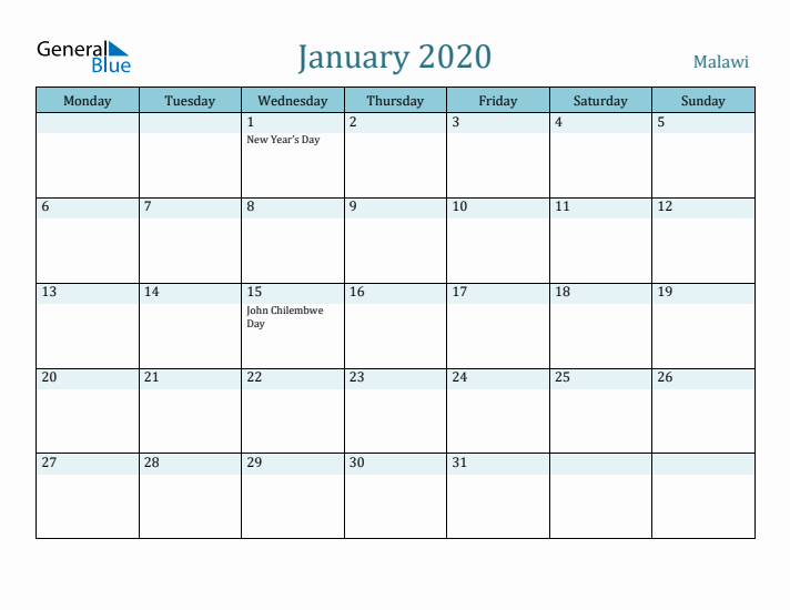 January 2020 Calendar with Holidays