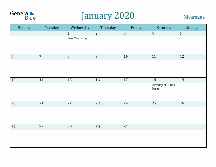 January 2020 Calendar with Holidays