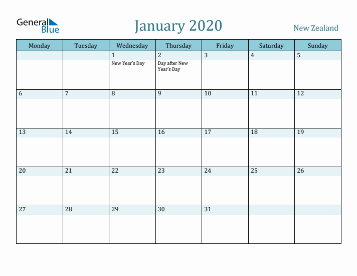 January 2020 Calendar with Holidays