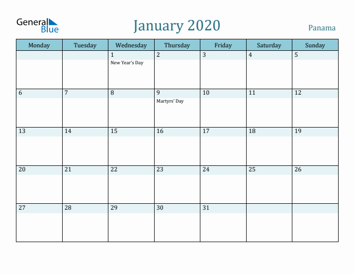 January 2020 Calendar with Holidays