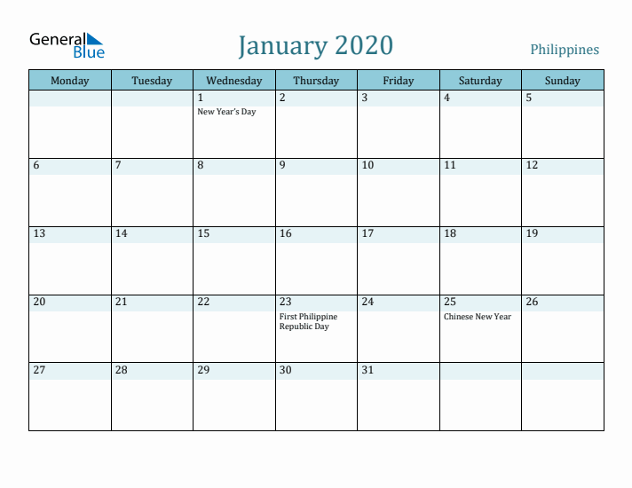 January 2020 Calendar with Holidays