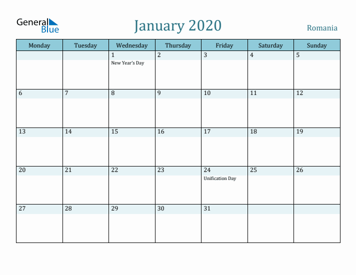 January 2020 Calendar with Holidays