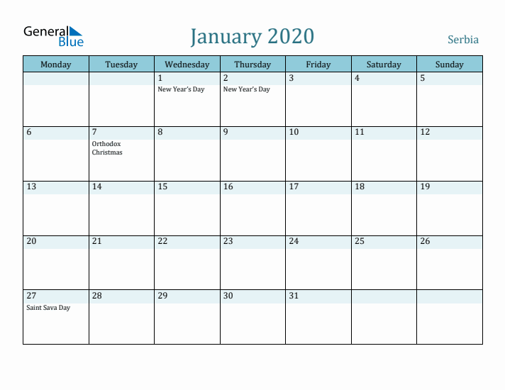 January 2020 Calendar with Holidays