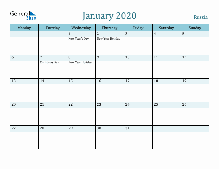 January 2020 Calendar with Holidays