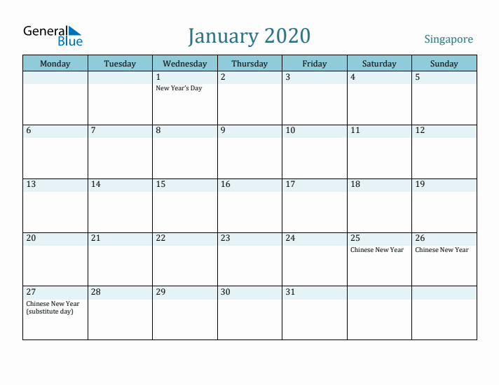 January 2020 Calendar with Holidays