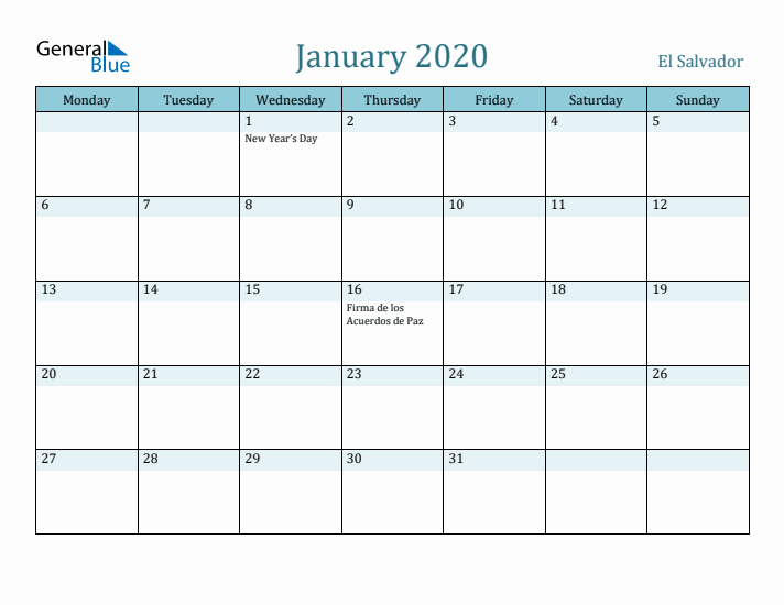 January 2020 Calendar with Holidays