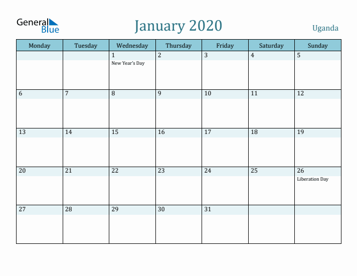 January 2020 Calendar with Holidays