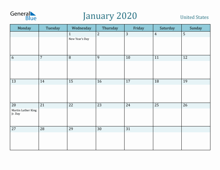 January 2020 Calendar with Holidays