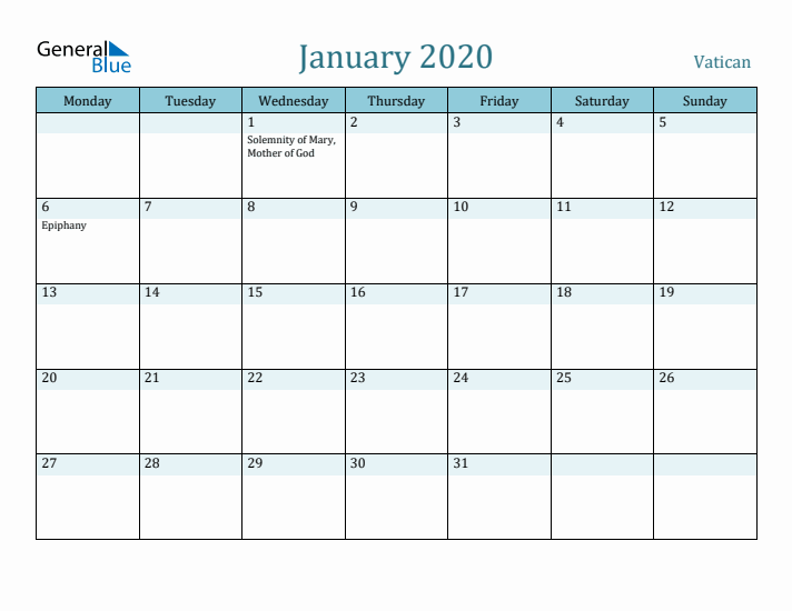 January 2020 Calendar with Holidays