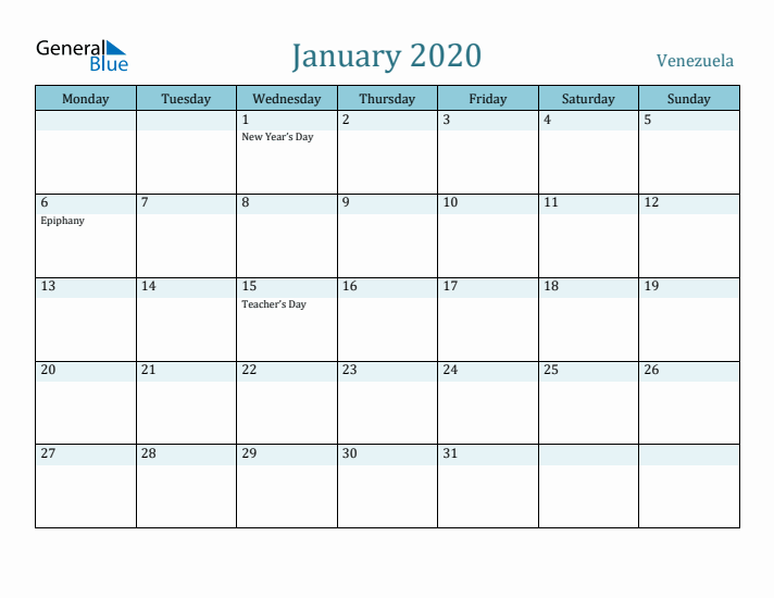 January 2020 Calendar with Holidays