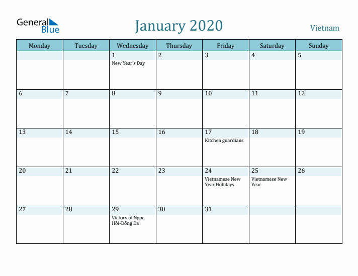 January 2020 Calendar with Holidays