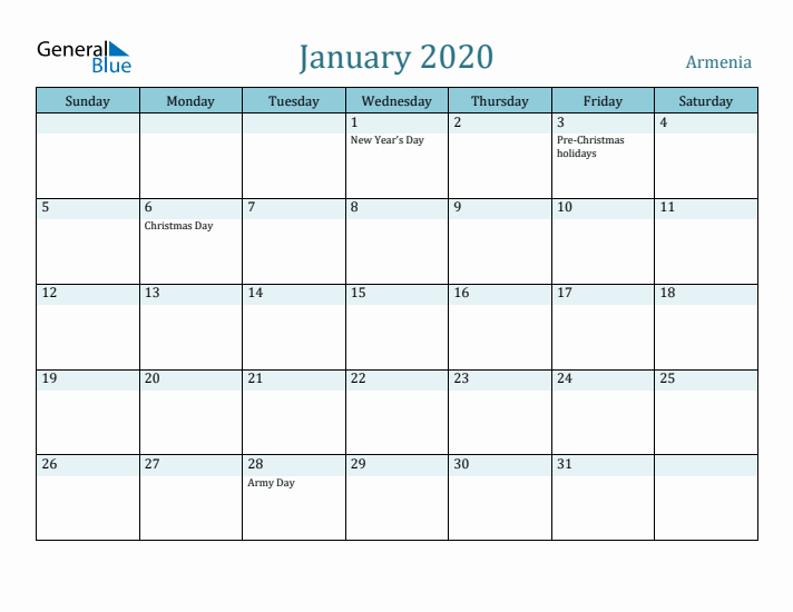 January 2020 Calendar with Holidays