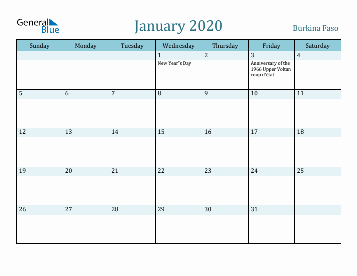 January 2020 Calendar with Holidays