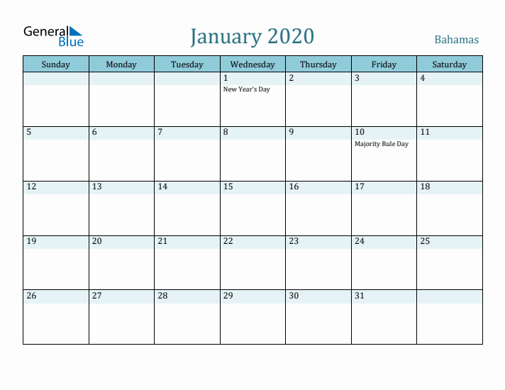 January 2020 Calendar with Holidays