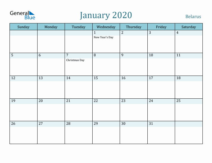 January 2020 Calendar with Holidays