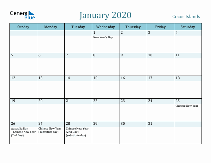 January 2020 Calendar with Holidays