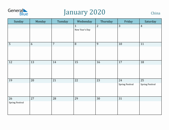 January 2020 Calendar with Holidays