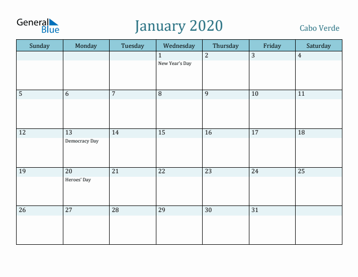 January 2020 Calendar with Holidays